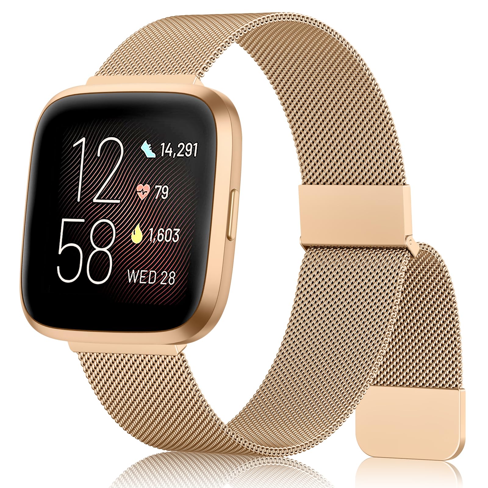 Amzpas Strap Compatible With Fitbit Versa 2/Lite for Women - Stainless Steel Metal Bracelet With Enhanced Magnet (Rose Gold)