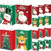 Tenceur 48 Pcs Christmas Gift Bags with Handle Red and Green Xmas Paper Treat Candy Goodie Bags with Snowman Santa Elk Xmas Tree Patterns for Christmas Party Supplies Favors Gift Wrapping