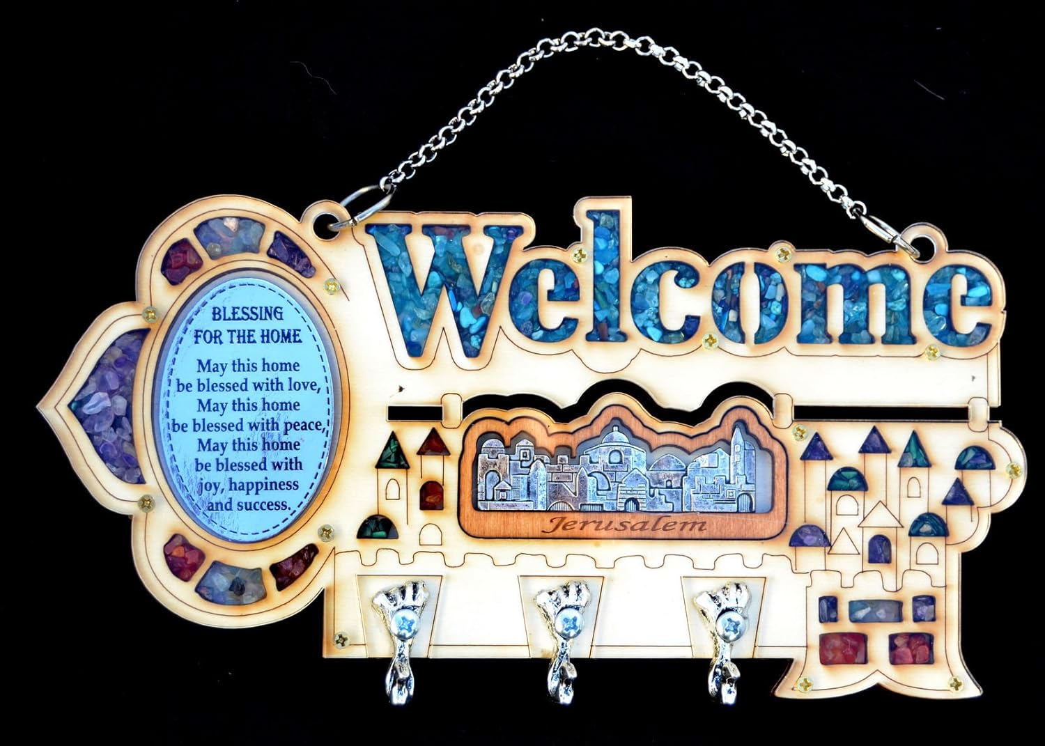 Wood Wall Welcome Key Holder/rack & Home Blessing Jerusalem Birthstones English
