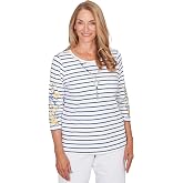 Alfred Dunner Women's Floral Embroidered Stripe Top with Necklace