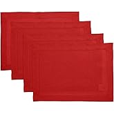 Solino Home Linen Placemats Set of 4 - Classic Hemstitch Red Placemats 14 x 19 Inch - 100% Pure Linen Table Mats for Holiday