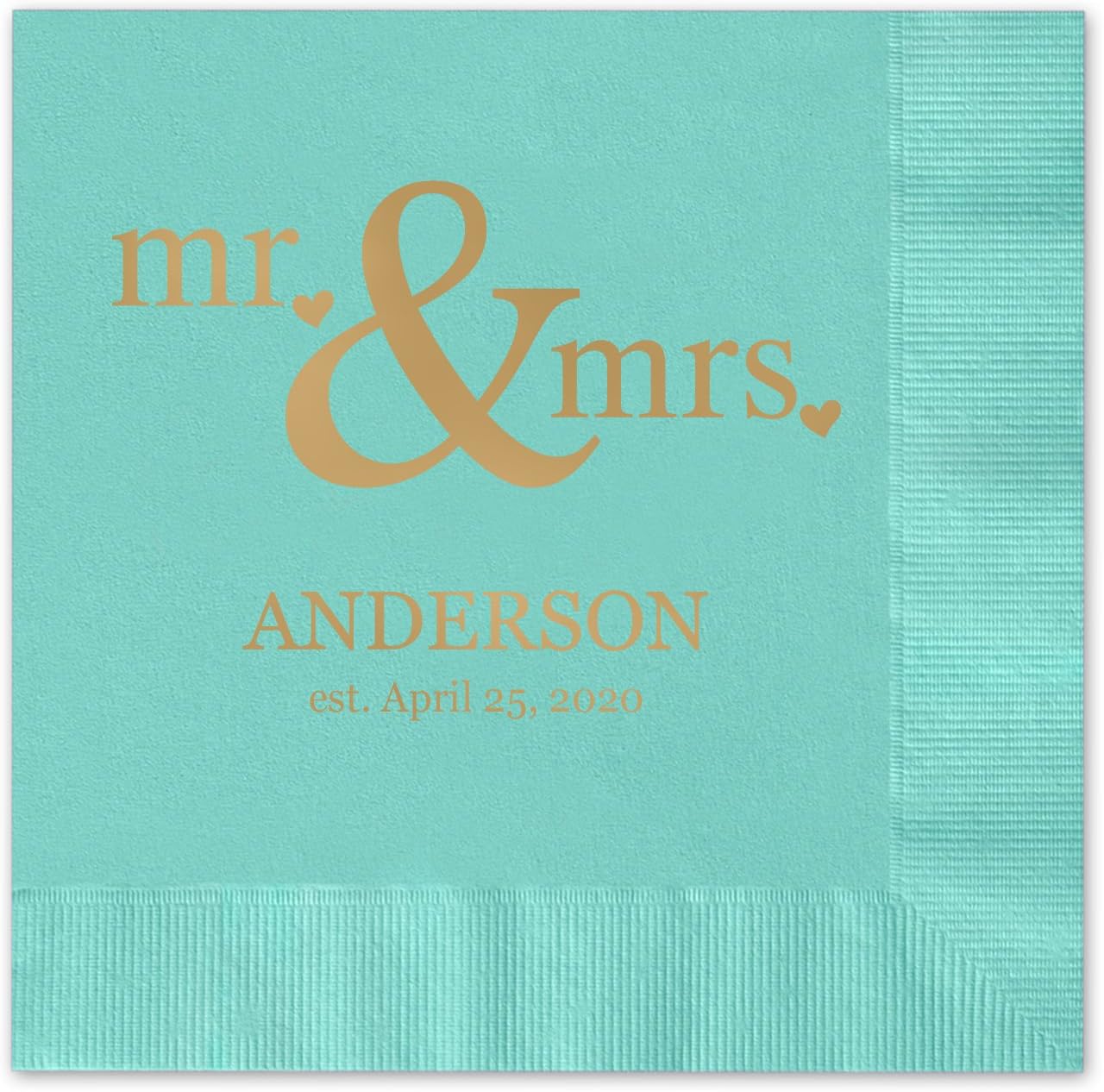 Mr & Mrs Hearts Personalized Beverage Cocktail Napkins - 100 Custom Printed Aqua Paper Napkins with choice of foil