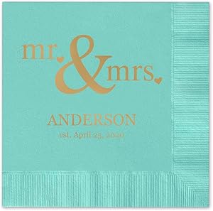 Mr & Mrs Hearts Personalized Beverage Cocktail Napkins - 100 Custom Printed Aqua Paper Napkins with choice of foil