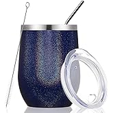 MEWAY Stemless 12 OZ Wine Tumbler Glasses with Lid -Insulated Double Wall Vacuum Stainless Steel Glitter Tumbler with Straw,for Woman Under 10 dollars (Rainbow Navy,1)
