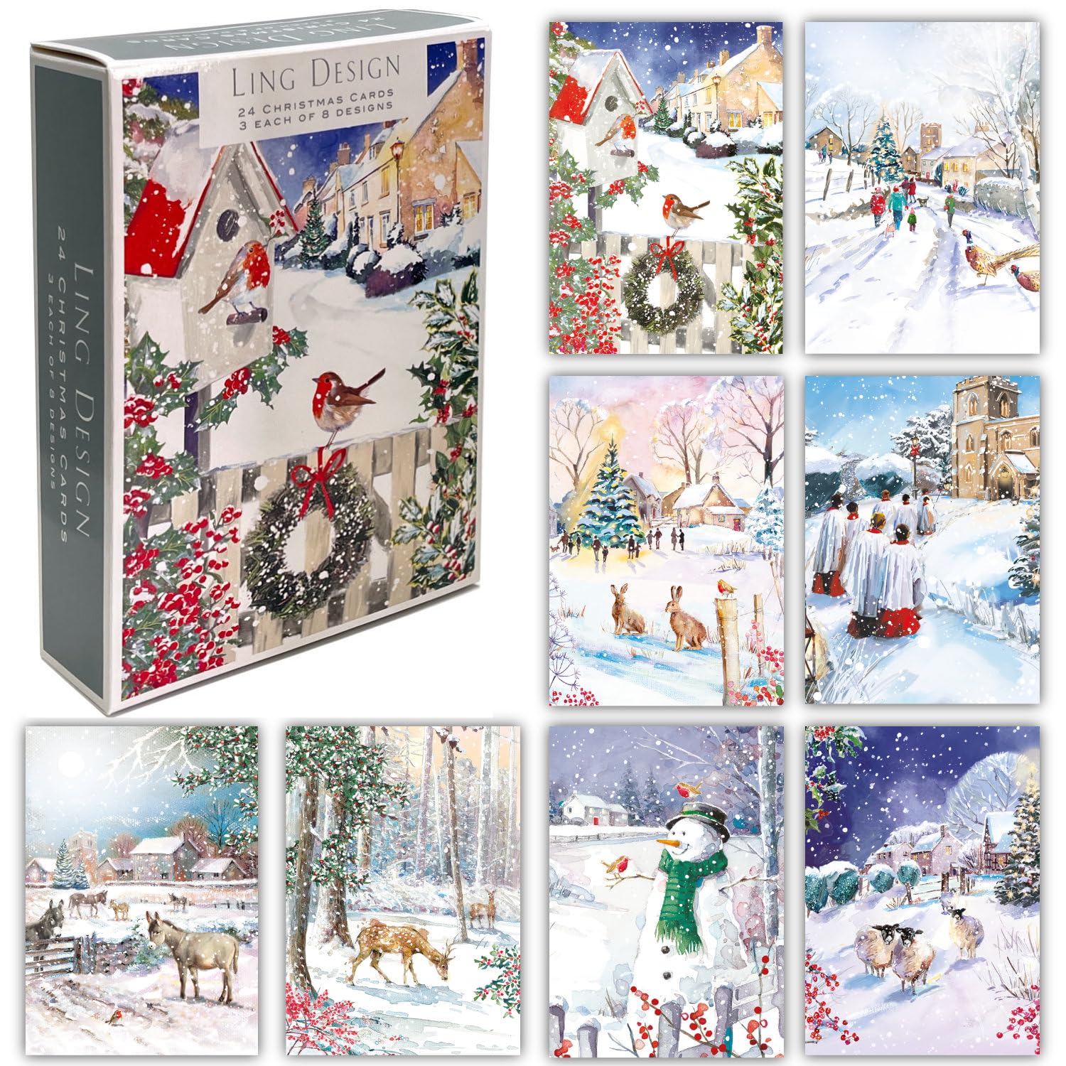 Classic Festive Snowy Scenes Premium Box of 24 Assorted Christmas Cards - 3 Each of 8 Designs - Great British Card Company (SNOWY CHRISTMAS)