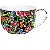 PMNING 25 Ounce Soup Bowls with Handles Bone China Soup Mug with Handles Flora Soup Cup Large Soup Bowl for Coffee Cereal Oatmeal Latte (Black)