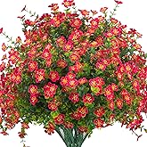 Grunyia Outdoor Artificial Flowers UV Resistant & Fade Proof, 12 Pack Realistic Fake Flowers for Garden, Patio, Lawn Decor - Weatherproof Plastic Plants (Rose Red)