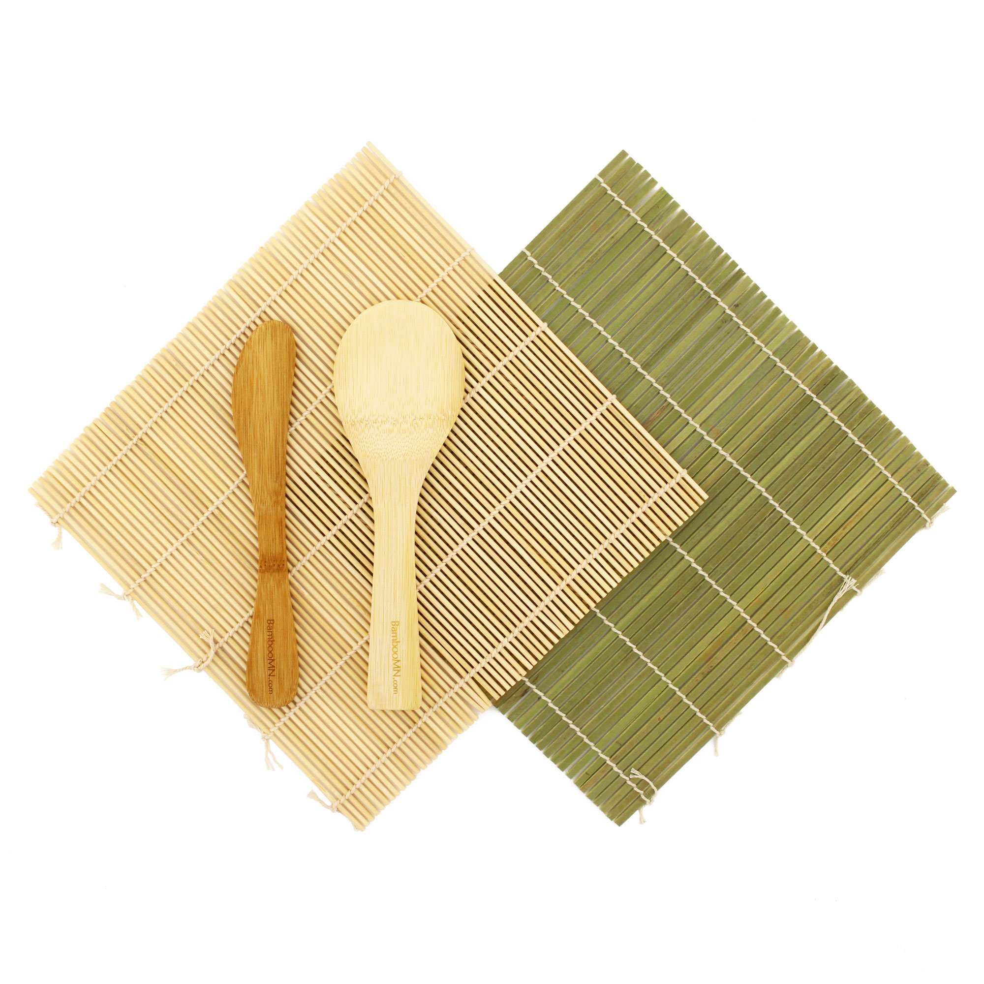 BambooMN Sushi Making Kit - Green Bamboo Sushi Roller Mat, Rice Paddle, Spreader | 100% Natural Bamboo Sushi Rolling Set + Free Spork