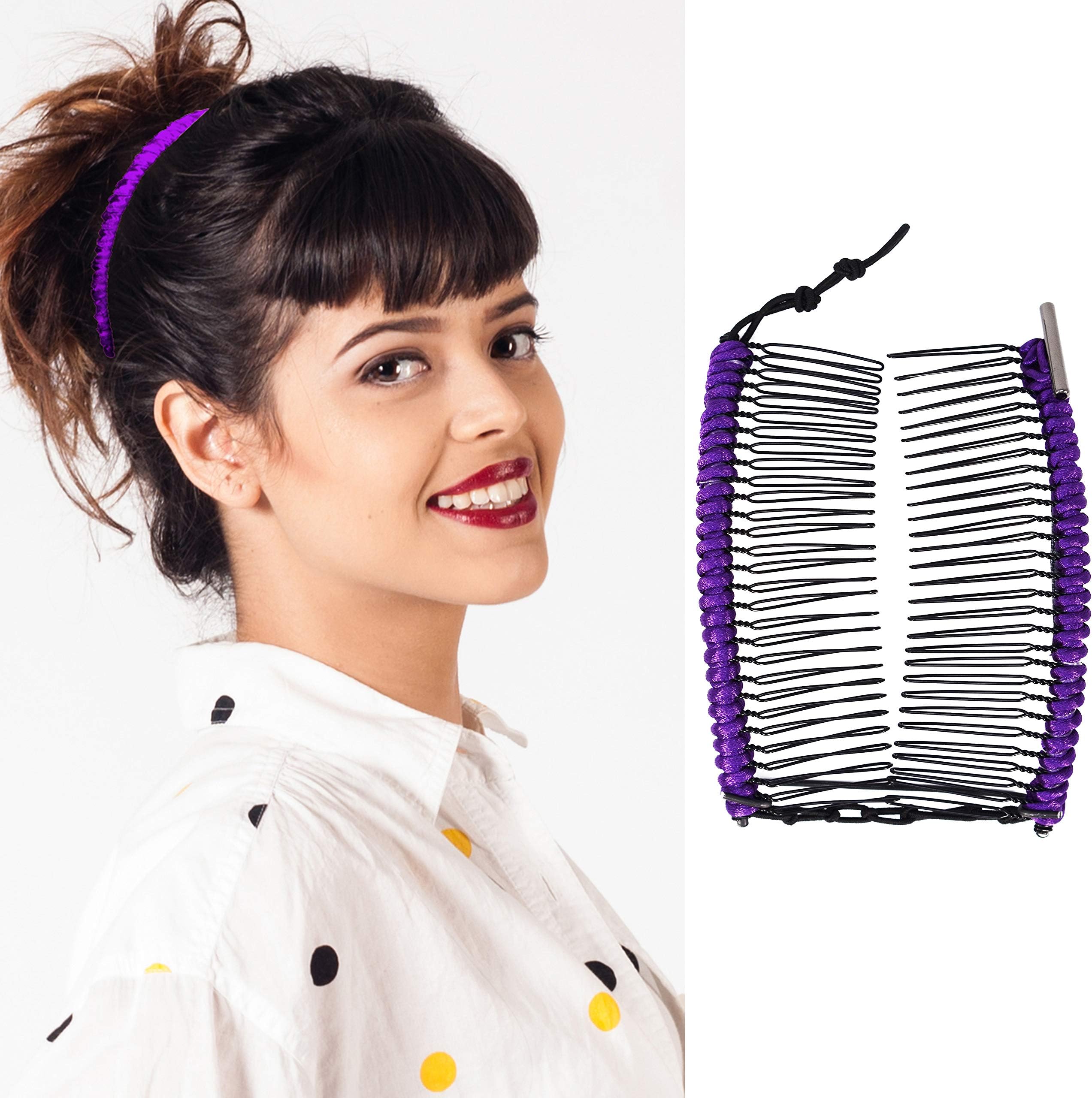 Banana Clip by HairZing - Double Comb for Thin Fine Wavy Hair - Volumizing Snug All Day Hold with No Damage, Creases, or Pain - Comfy UpDo, Ponytail, French Twist, Bun (Purple Medium)