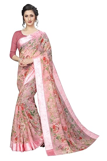 Womens Blend Linen Saree with Unstitched Blouse Piece (DigitalPrintVariation)
