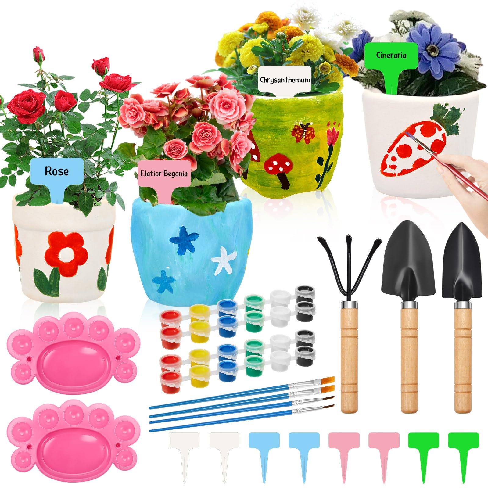 Sinmoe 4 Set Paint Plant Ceramic Flower Growing Kit DIY Flower Growing Gifts Paint Your Own Plant Pot Set Garden Planting Tools