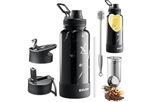 Lexlion Tea Infuser Water Bottle 32 Oz – Triple Wall Insulated Stainless Steel, Loose Leaf & Fruit Strainer, 3 Leakproof Lids