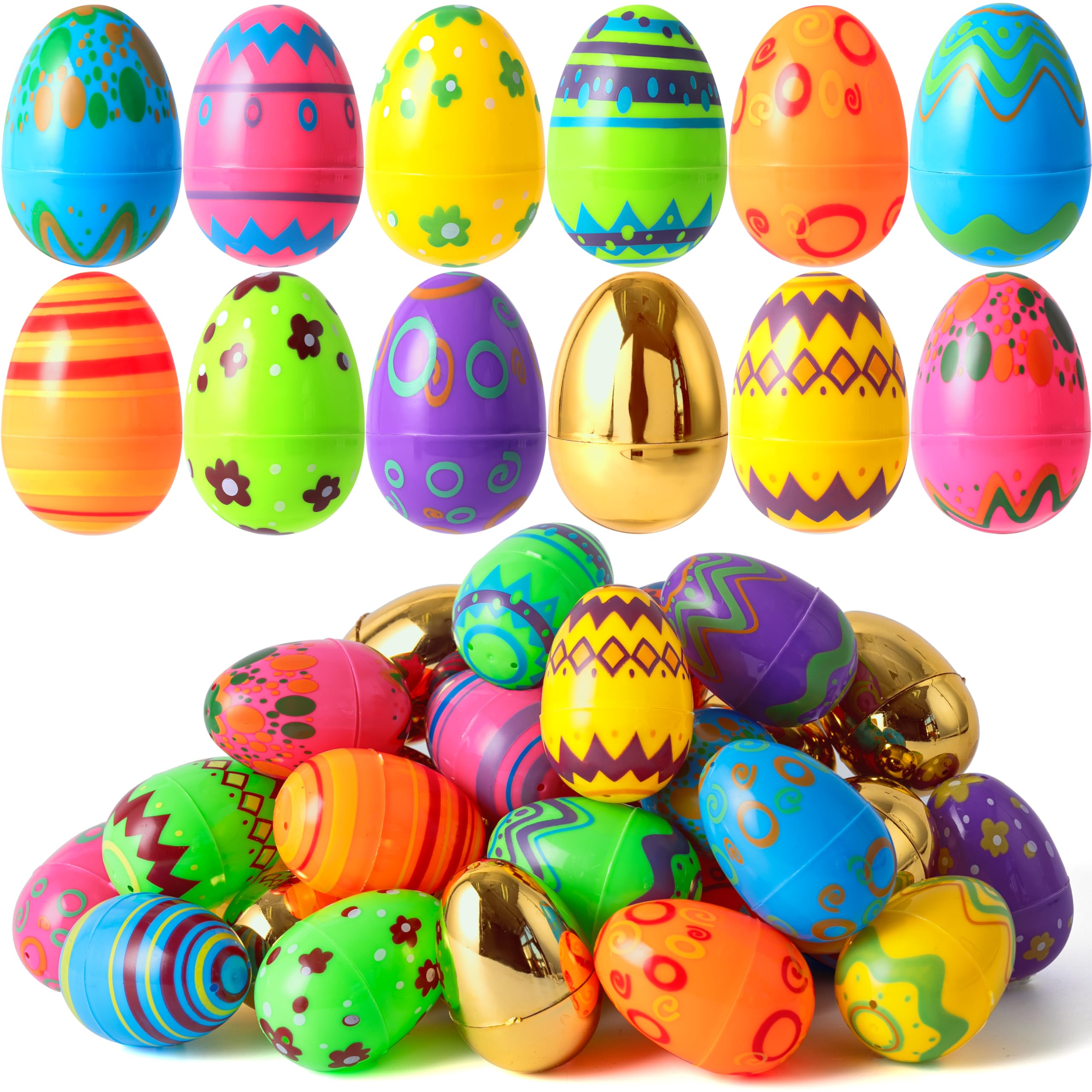 Photo 1 of JOYIN 64 Pcs 3.15" Colorful Printed Eggs Include 8 Golden, Plastic Fillable Empty Eggs for Easter Hunt, Basket Stuffer Filler, Classroom Prize, Party Favors