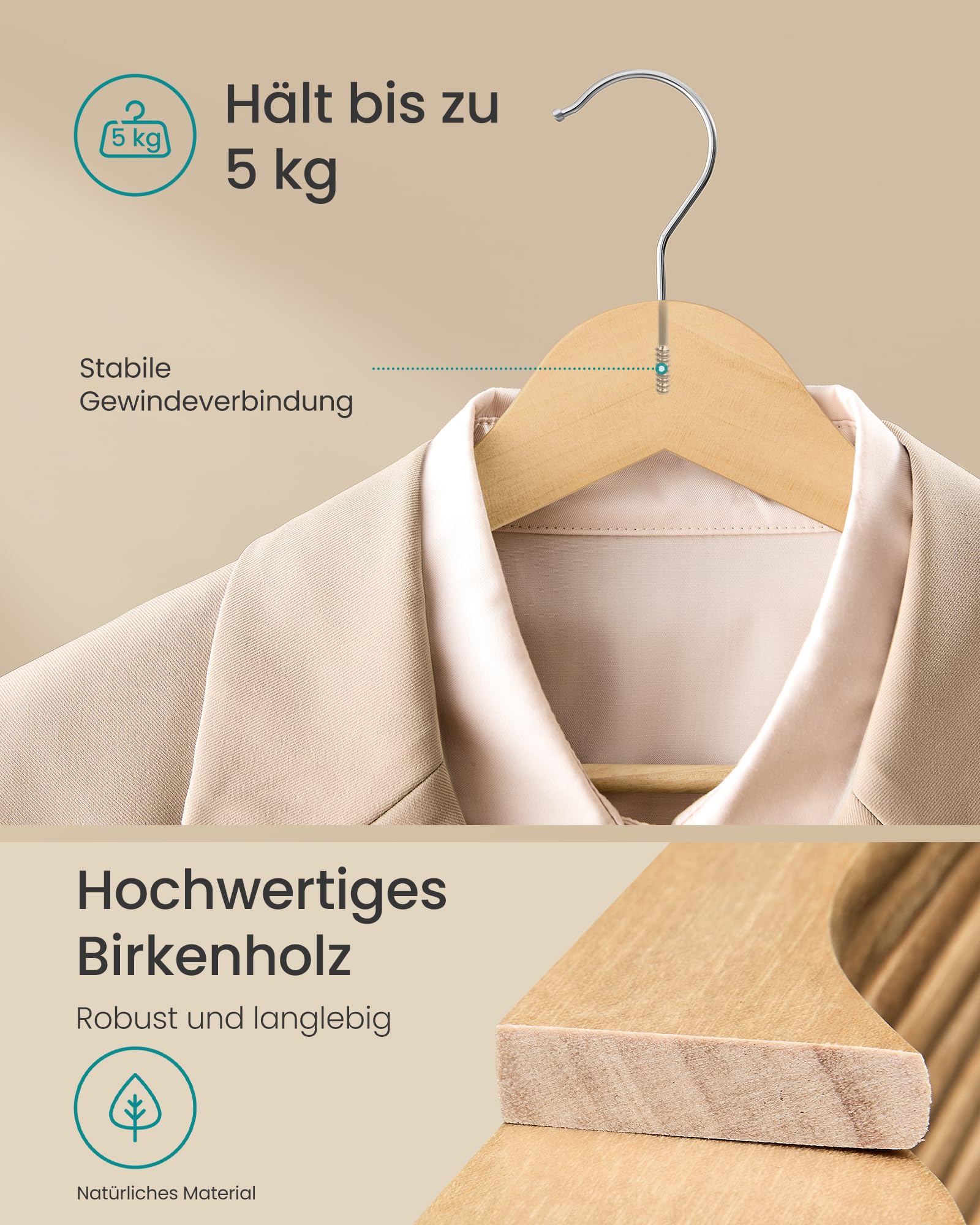SONGMICS Kleiderbügel Holz, 30er Set, Holzbügel schlank, Bügel, platzsparend, Hosenbügel, 360° drehbarer Haken, Birkenholz, für Träger und Jacken, naturfarben CRW030K01 3