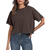 PRIMODA Women's Oversized Workout Cropped T Shirts Crew Neck Short Sleeve Casual Loose Summer Crop Tee Tops Cotton