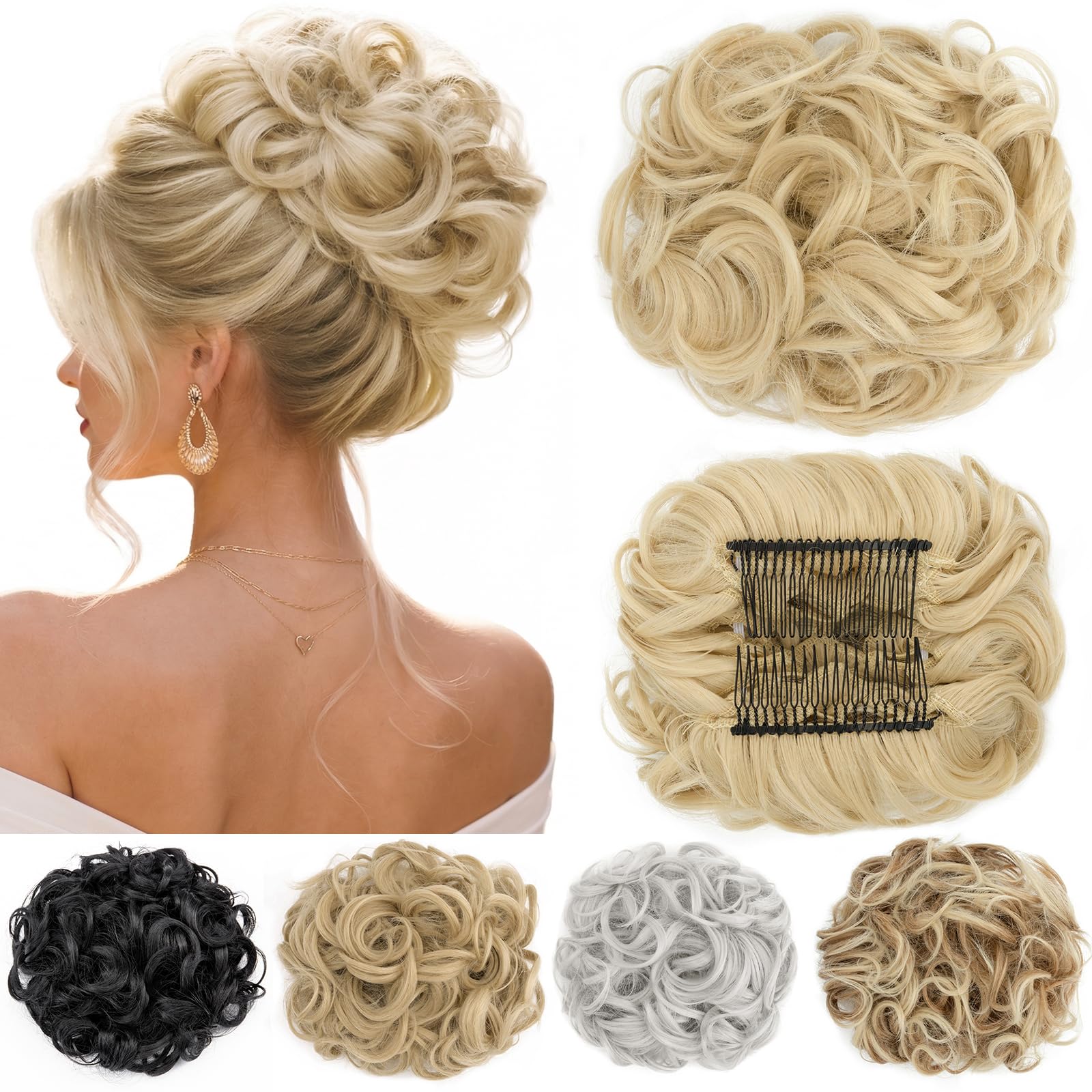 Short Messy Curly Dish Hair Bun Extension Easy Stretch hair Combs Clip in Ponytail Extension Scrunchie Chignon Tray Ponytail Hairpieces Bleach Blonde