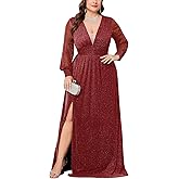 TIARALY Plus Size Sparkly Formal Maxi Dress Long Sleeve Deep V-Neck Mesh Dresses with Slit Cocktail Wedding Evening Gown
