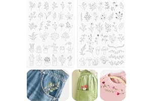 HAND U JOURNEY 2 Pcs Original Design: 70 Pre-Printed Flowers and Leaves Water Soluble Embroidery Stabilizer Patterns - Perfect for Hand Sewing Enthusiasts and Beginners