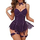 GIEAUAU Women's Lingerie Sets 4 Piece Lace Underwire Corset Bodysuit with Garter Belt & Bow Tie