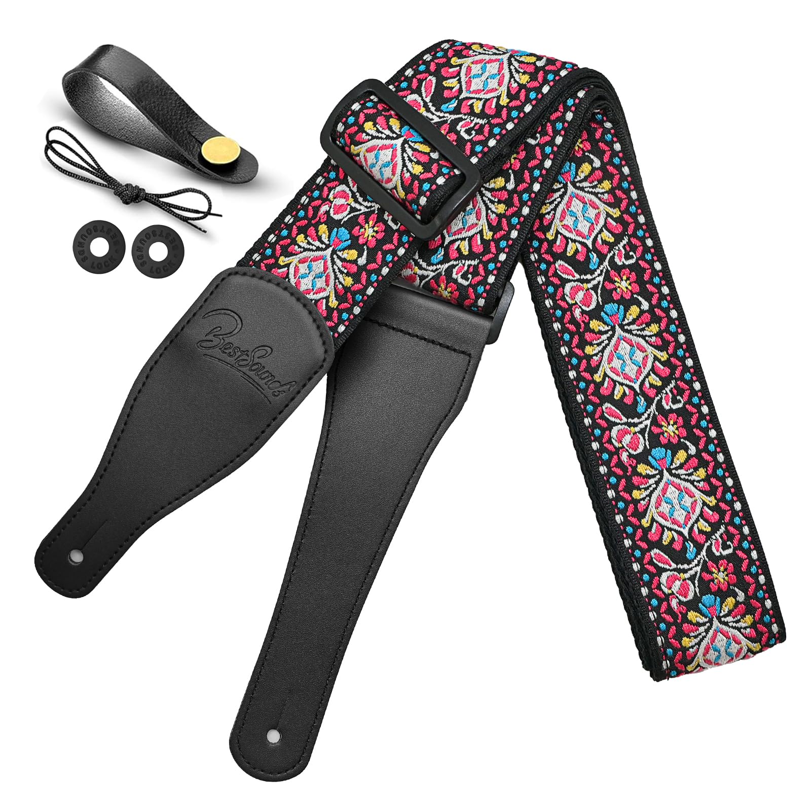BestSounds Guitar Strap, Jacquard Embroidered Cotton Straps with Leather Ends Shoulder Strap for Bass, Acoustic, Electric Guitar (Jacquard Rose Red)