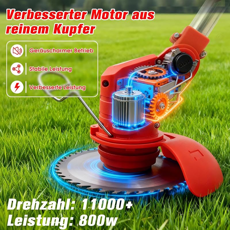 Akku-Rasentrimmer, batteriebetriebener Rasentrimmer mit 21 V, elektrischer Rasentrimmer ohne Kabel,mit 4 Arten von Klingen, Verstellbarer Kopf und Dreifach gefalteter Griff