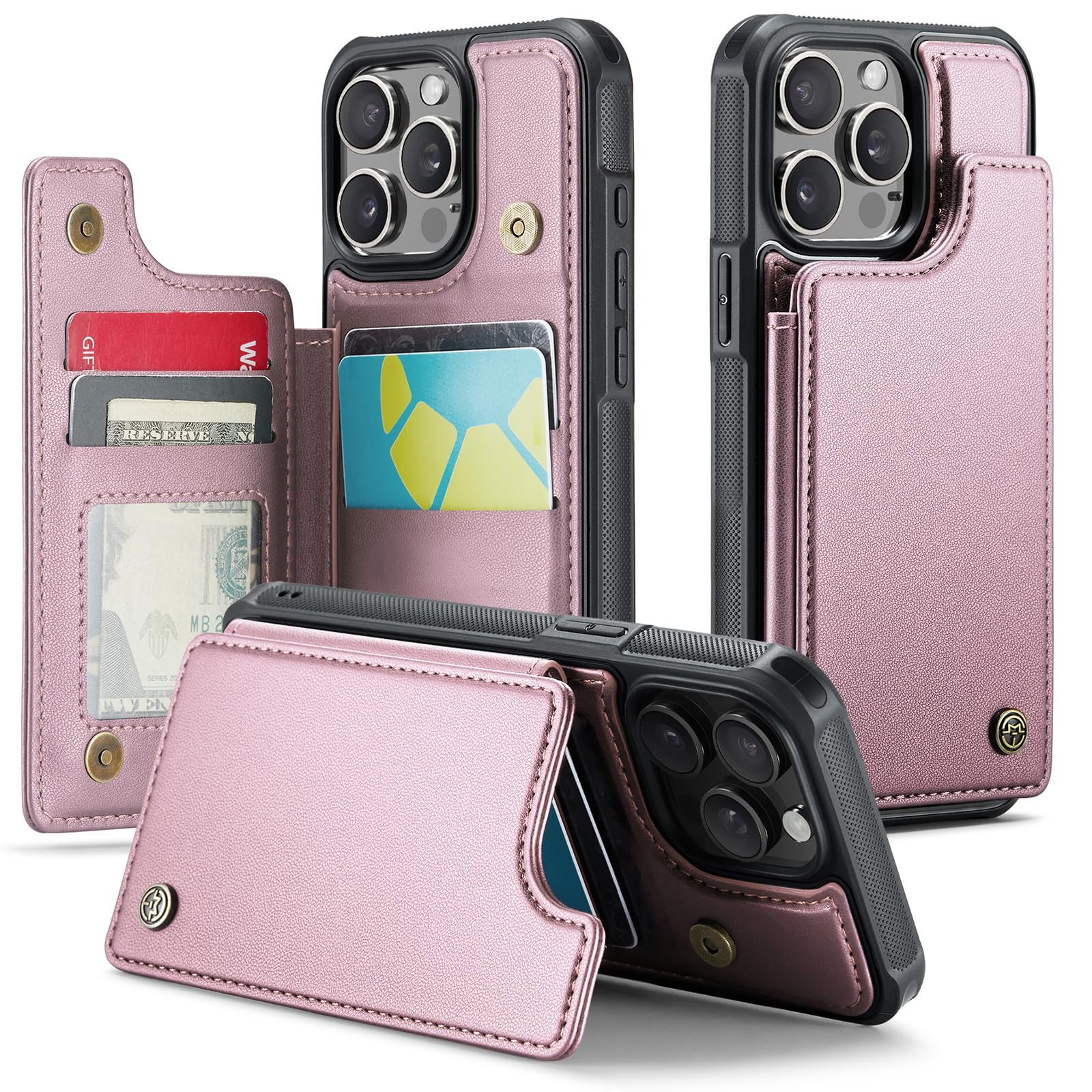 Photo 1 of JEEHOOD Compatible with iPhone 13 Pro 6.1" Wallet Case with Card Holder RFID Blocking for Women Men, Double Magnetic Clasp Kickstand Shockproof Phone Case Fit for iPhone 13 Pro, Rose Gold
