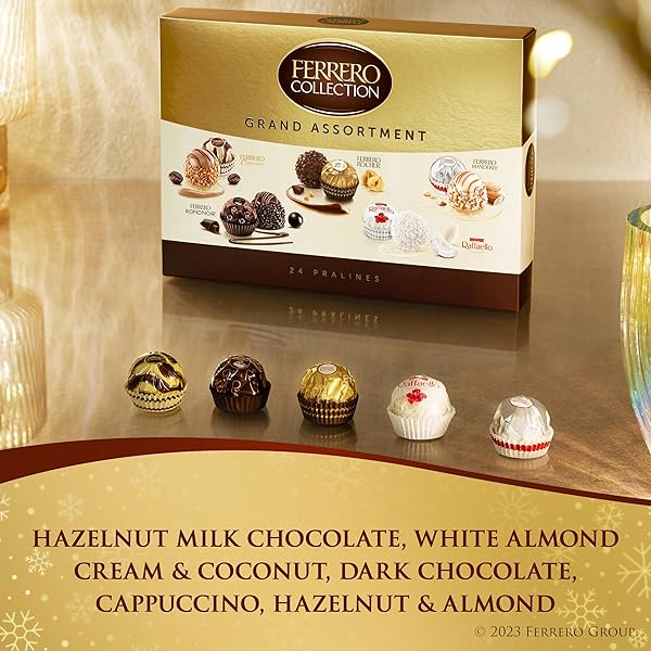 FERRERO COLLECTION CHOCOLATE GIFT BOX GRAND ASSORTMENT, HAZELNUT, DARK, COCONUT, ALMOND, AND CAPPUCCINO HOLIDAY BOX OF CHOCOLATES GIFTS, CHRISTMAS CANDY, 24 COUNT, 8.7 OZ