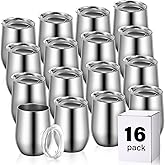 Remagr 16 Pack Stainless Steel Wine Tumblers 12 oz Insulated Vacuum Wine Cup Set Double Wall Stainless Steel Stemless Mug Glasses for Coffee Soda Whiskey Outdoor Travel (Silver)