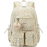 QHRIDS Backpack for Girls Big Student Corduroy Laptop Backpack for College Kids Elementary Middle High School Bag Anti Theft Bookbag Travel Daypack Womens(Corduroy Beige Floral)