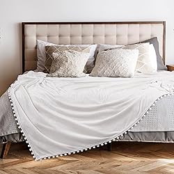 PAVILIA White Throw Blanket Pom Pom for Couch, Twin