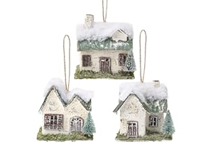 naturevibe Snow Village Houses Ornament with Warm Led Lights, Set of 3 Birch Log Cabin Christmas Tree Ornaments,Rustic Christmas Villages House Figurines as Winter Wonderland Decorations