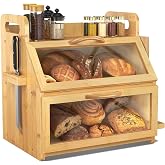 BAMBANG Bread Box for Kitchen Countertop, Extra Large Double Layer Bamboo Breadbox with Clear Window, Farmhouse Wooden Bread Storage Container for Homemade Bread, Knife &amp; Cutting Board Holder, Natural