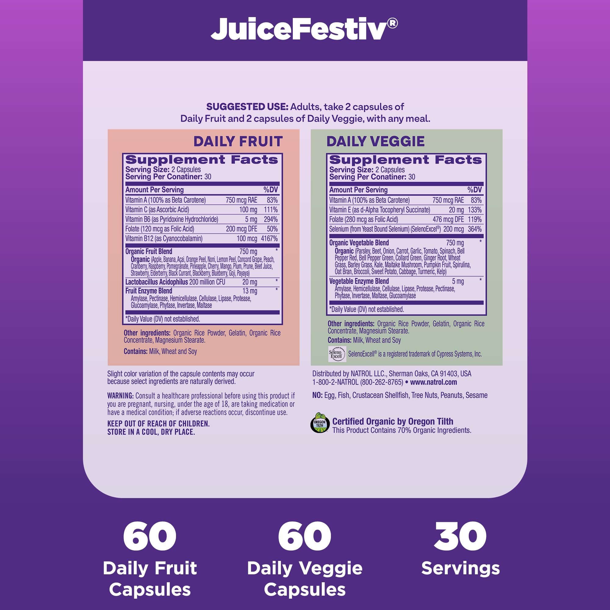 Natrol JuiceFestiv, The Ultimate Fruit and Veggie Super-Food to Support Balanced Nutrition and Overall Well-Being, Plus Antioxidants for Cellular Health, 60 Capsules (2-Count), Up to a 30 Day Supply