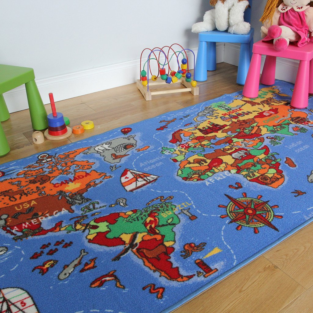 The Rug House Educational FUN Colourful World Map Countries & Oceans Kids Childrens Bedroom Rugs 95x200cm