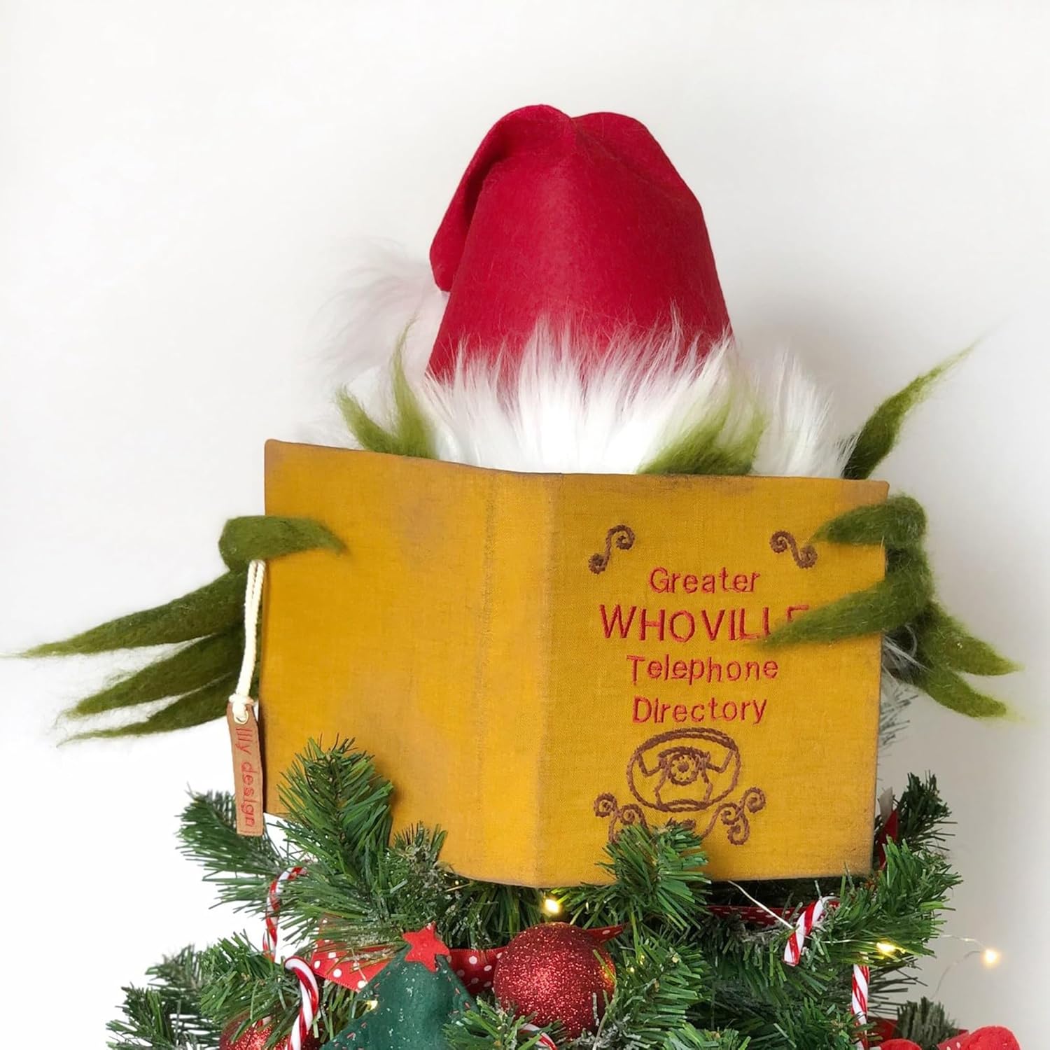 Tree Toppers - Funny Christmas Tree Topper Green Monster Hiding Behind Book Treetop Gnome Elf Reading Book Christmas Decoration Indoor (Multi-Color, 35cm/14inch)