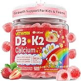 Kids & Teens D3 K2 Calcium Gummies, Bone, Teeth & Growth Support, 60Cts | Vitamin D3 1000 IU / 2000 IU, K2, Calcium, Magnesiu