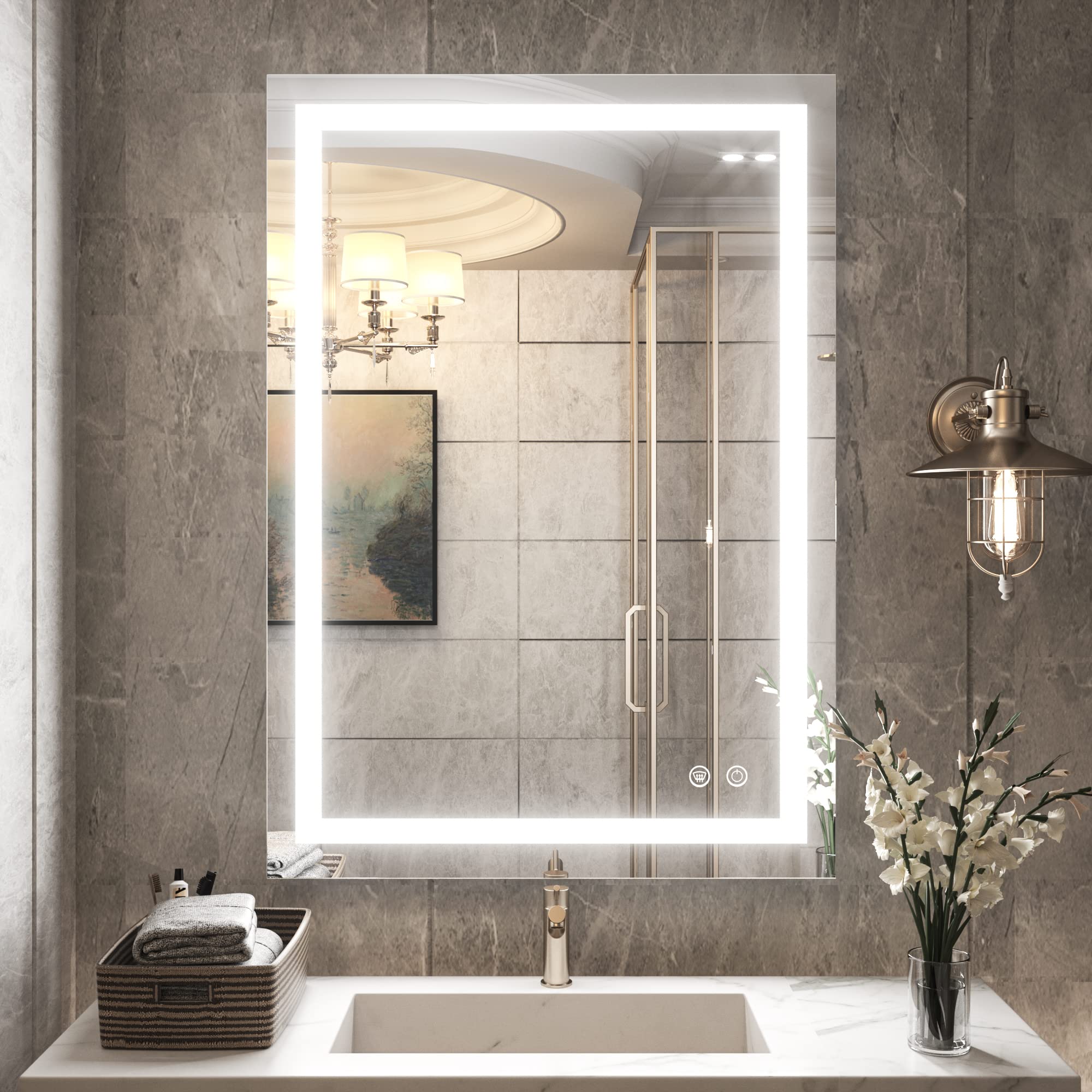 Photo 1 of TETOTE 20 x 28 LED Bathroom Wall Mirror Fashion Lighted Bathroom Vanity Mirror Memory Dimmable Touch Switch Control, Tempered Glass