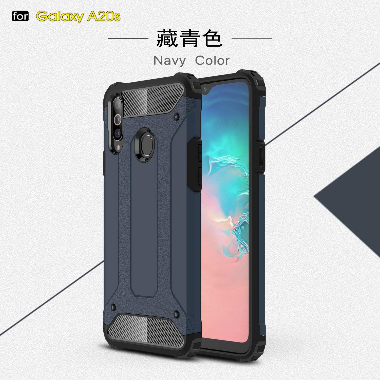 xinyunew Samsung Galaxy A20S case, Stylish Heavy Duty Shock Proof Armour Dual Protection with Built-in PC and Silicone Back Cover Skin For Samsung Galaxy A20S + Screen Protector Navy