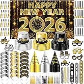 MOVINPE 2026 New Years Eve Party Supplies Bulk Serve 60 - New Year's Banner Backdrop Top Hats, Cone Hats, Tiara, Glasses, Bead Necklace, Leis, Horns, Blowouts, Noiese Makers, Event Party Favors