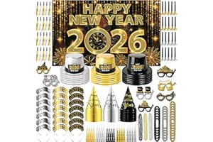 MOVINPE 2026 New Years Eve Party Supplies Bulk Serve 60 - New Year's Banner Backdrop Top Hats, Cone Hats, Tiara, Glasses, Bea