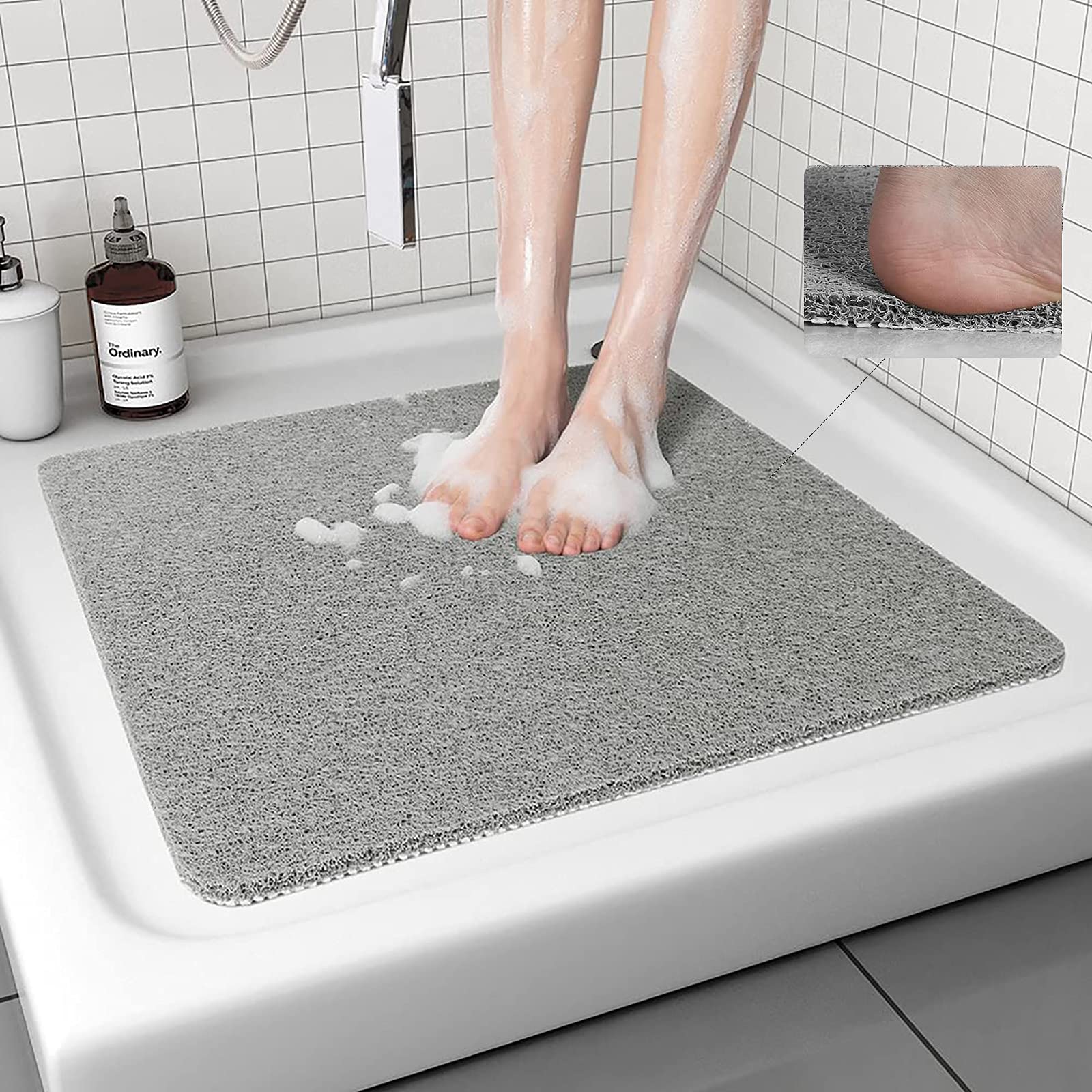 Shower Mat Non Slip Anti Mould: Bath Mats for Inside Bath- 53 x 53 cm Anti Slip Shower Mats for Inside Shower- Loofah Shower Mat Grey Square Washable Shower Matt for Elderly Wet Room Quick Dry