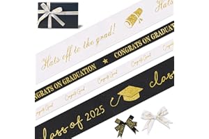 Estivaux 4 Rolls 2025 Graduation Ribbons for Crafts, 1" and 3/8" Width Graduation Grosgrain Ribbons Congrats Grad Ribbons Black White Metallic Craft Ribbons for Gift Wrapping Graduation Decorations