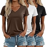 Ficerd 3 Pack Women's V Neck T Shirts, Summer Casual Short Sleeve Tops Loose Fit Rolled Sleeve Tees Trendy Shirts