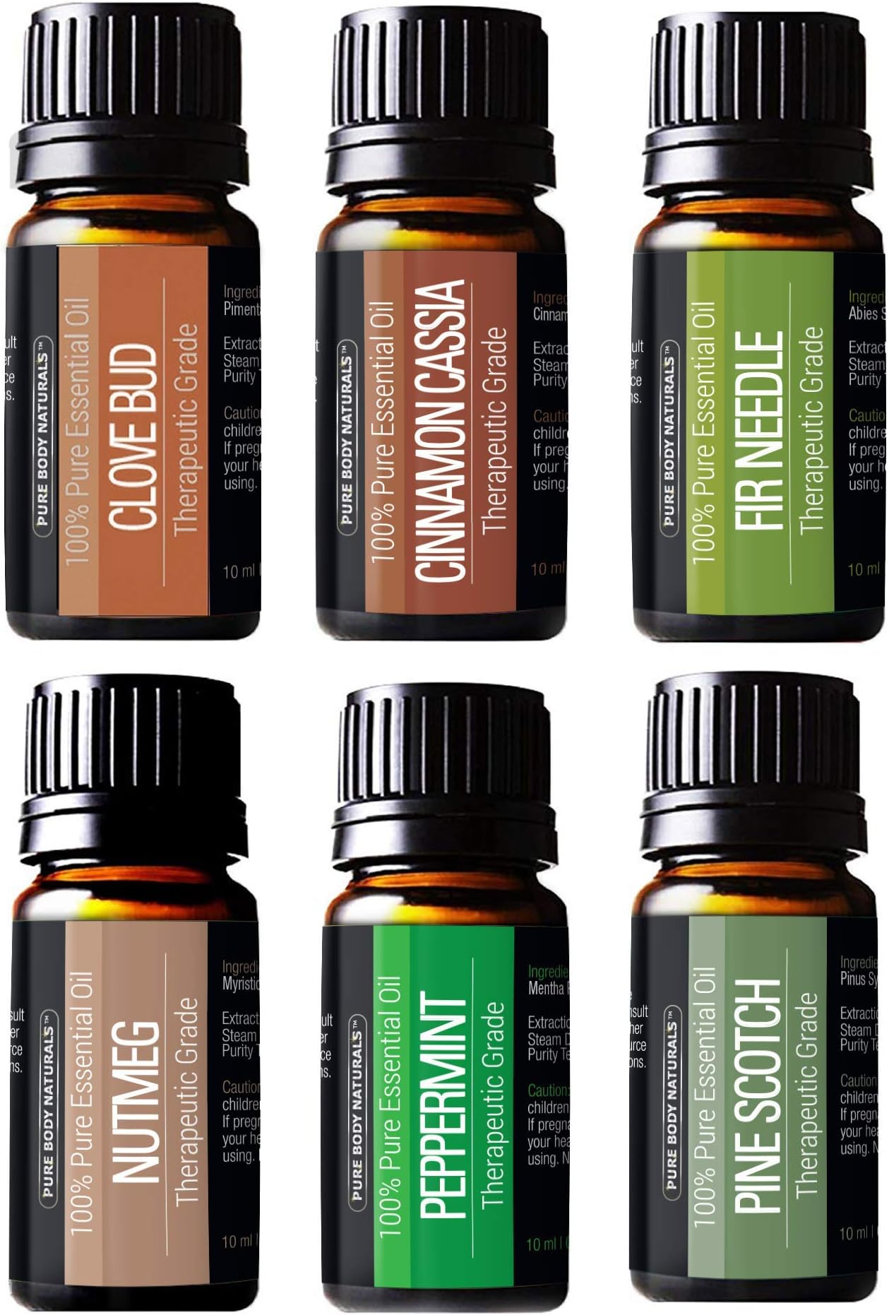 Winter Essential Oils Set - Gift Set of 6 Classic Holiday Essential Oils - Cinnamon, Clove, Peppermint, Pine, Nutmeg & Fir - Pure & Tested, by Pure Body Naturals