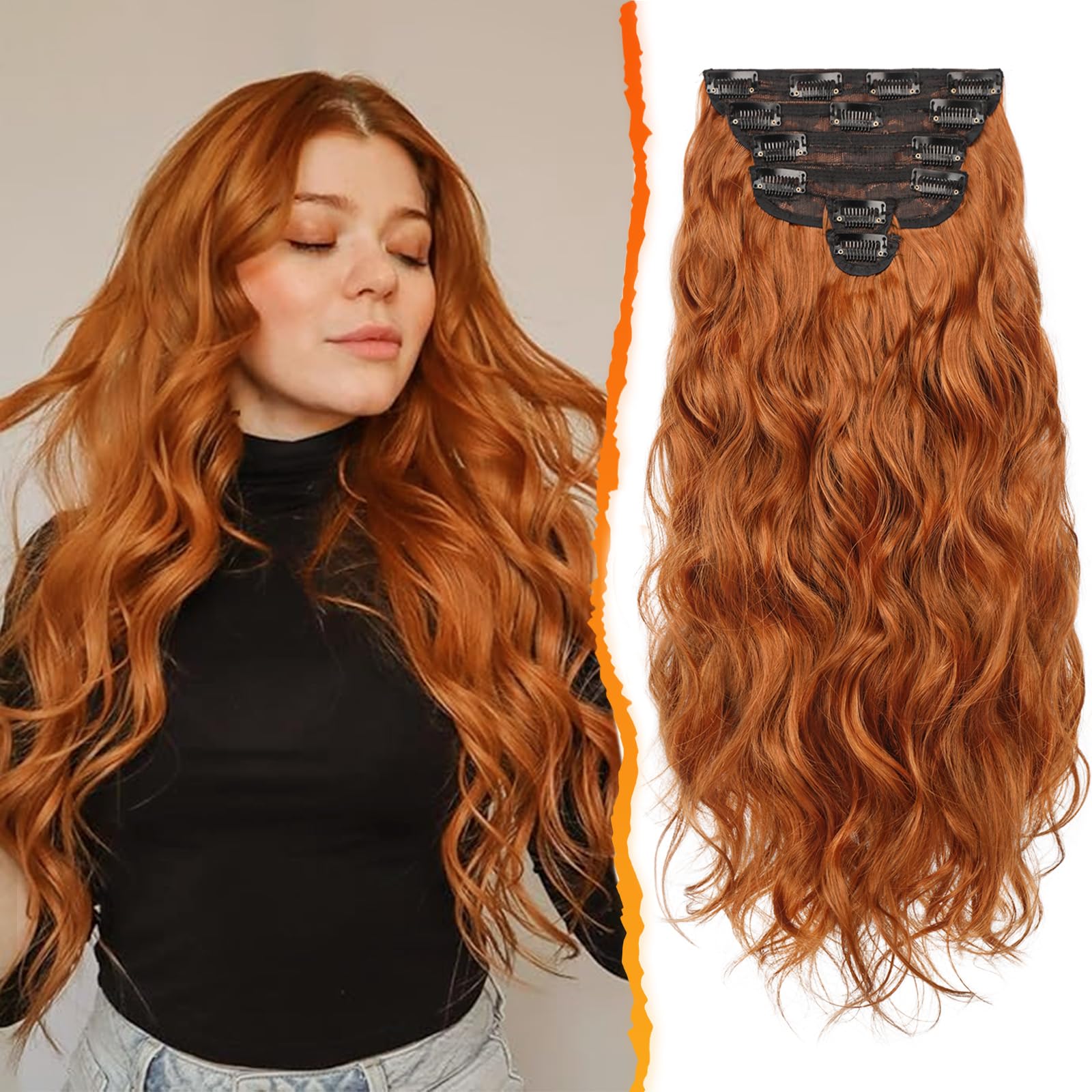 BARSDAR Clip in Hair Extensions, 20 Inch Wavy Copper - 6PCs Full Head Thick Soft Synthetic Clip in Hairpieces for Women Girls Daily Party Halloween - Ginger Copper