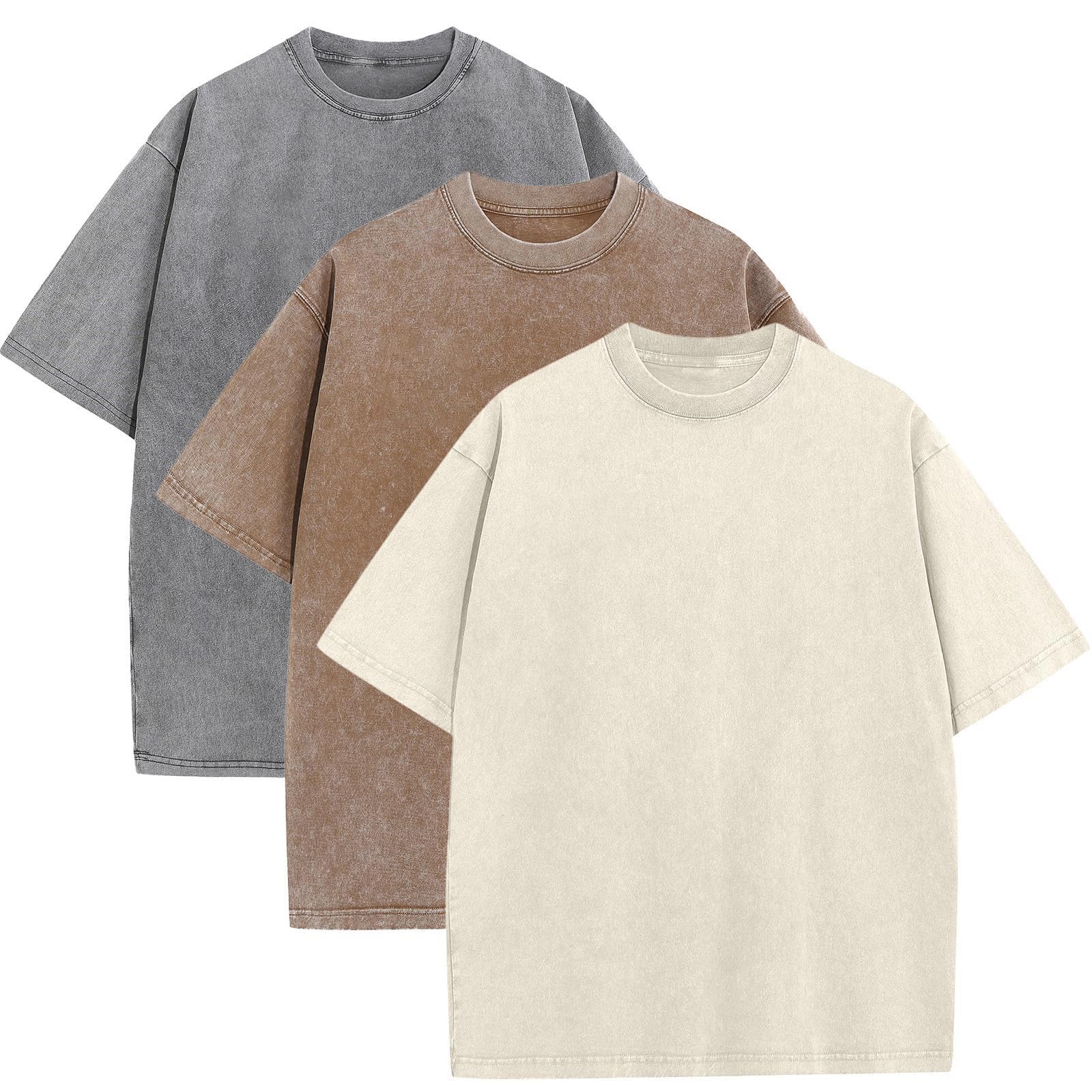 Photo 1 of 3 Pack Men's Oversized Cotton T-Shirts Loose Fit Vintage Tee Short Sleeve Casual Tshirts Solid Tops(BGGYCF,L)