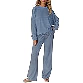 Yanekop Womens Striped Lounge Set Long Sleeve Matching Sets Oversized Pajama Sets Striped Shirt Wide Leg Pants