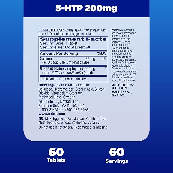 NATROL 5-HTP 200MG DIETARY SUPPLEMENT TO SUPPORT A BALANCED MOOD, 60 TIME RELEASE TABLETS, 60 DAY SUPPLY