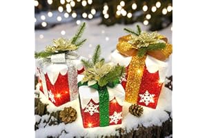 Dehoxara 3 Pcs Christmas Lighted Gift Boxes with Bow 60 LED Battery Operated Pre-lit Present Box Decorations for Xmas Holiday Home Outdoor Yard