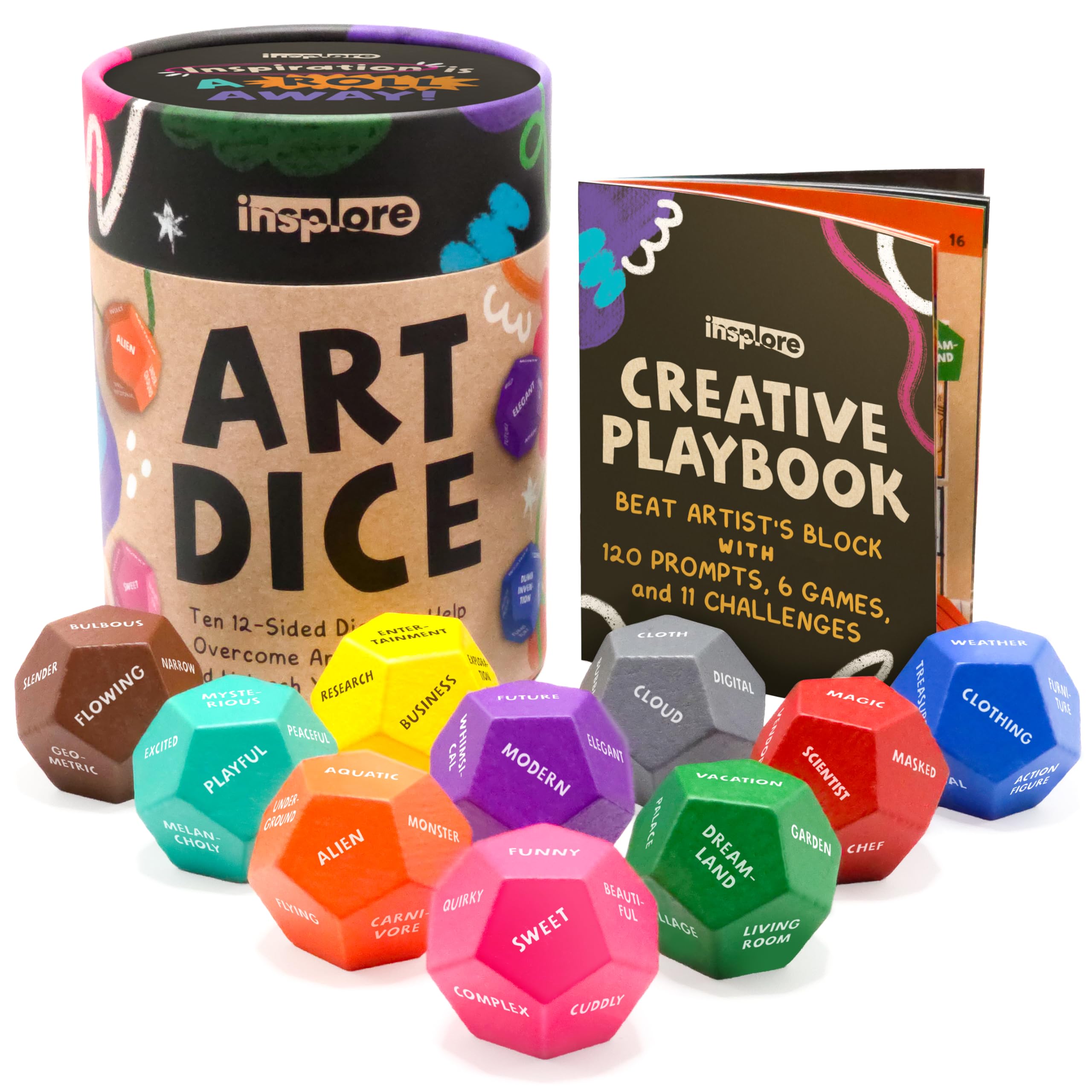 Insplore Art Dice – 12-Sided Wooden Dice with 120 Prompts to Help You Decide What to Draw or Paint – Creative Playbook with Games and Activities – Fun, Inspiring Gift for Artists of All Levels